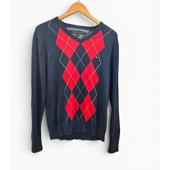 Tommy Hilfiger Other - Tommy Hilfiger‎ Men's V-Neck Argyle Pullover Sweater Navy/Red Long Sleeve S